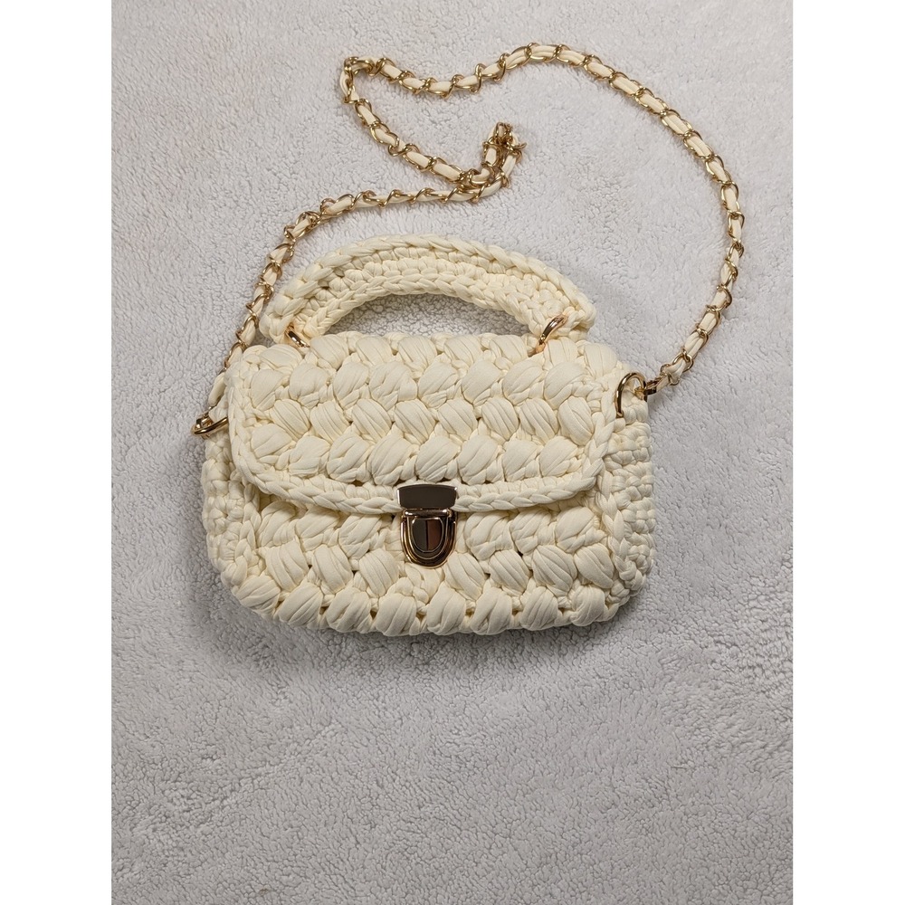 Ivory Chunky Knit Crossbody Bag Gold Chain Strap Mini‎ Top Handle Boho